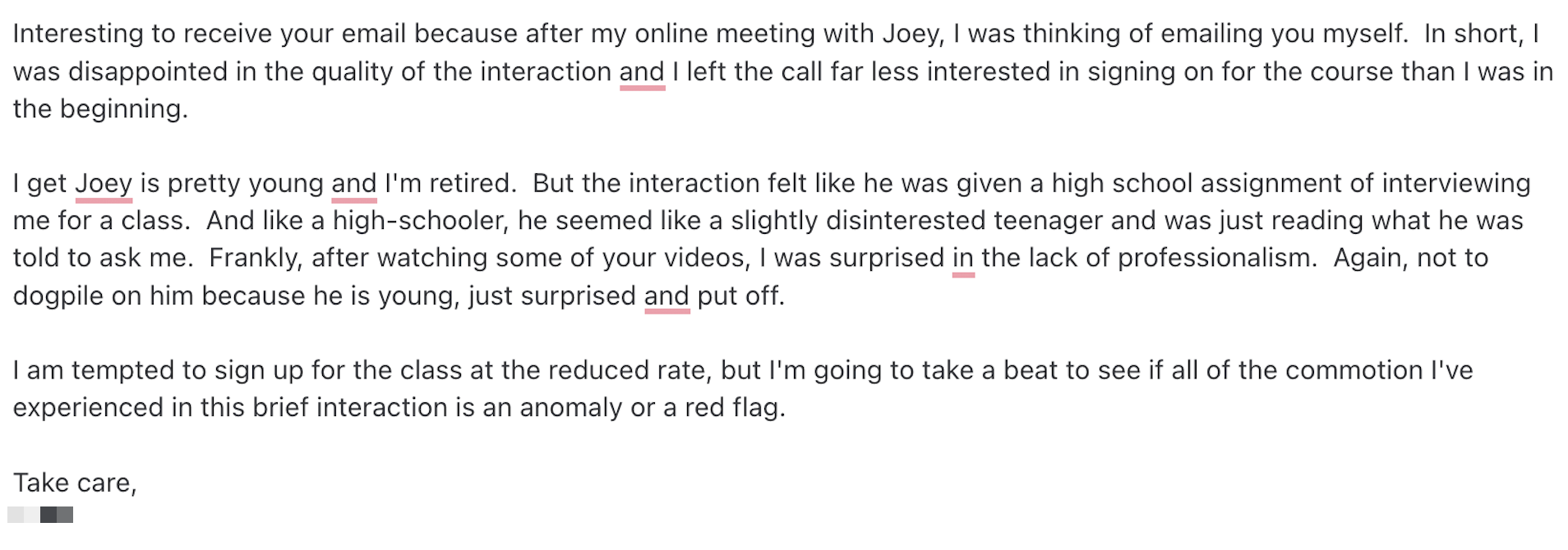 Screenshot of prospect email describing disappointing experience with MJB Growth's sales closer